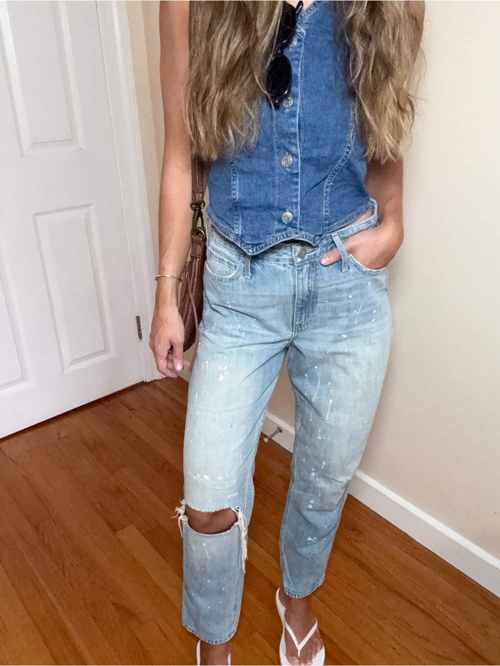 Hollister Distressed Boyfriend Jeans with Pink Paint Splatter